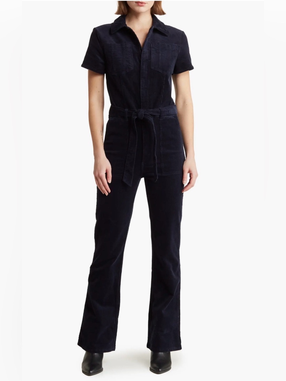 Habitual Jumpsuit 10/30 Navy Corduroy Short Sleeve Belted Flare Utility Zip